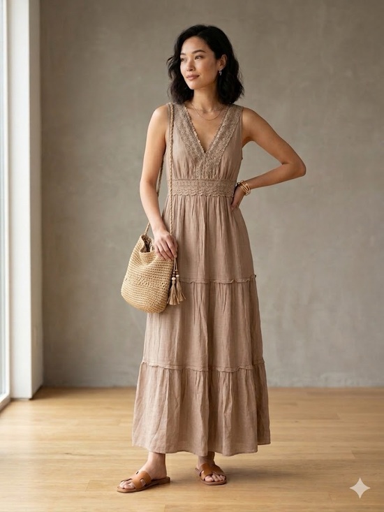 Rebellion Dresses & Skirts - Rebellion Cottagecore Boho Taupe Crochet Lace-Trim Tiered Maxi Dress US M ✨NWT
